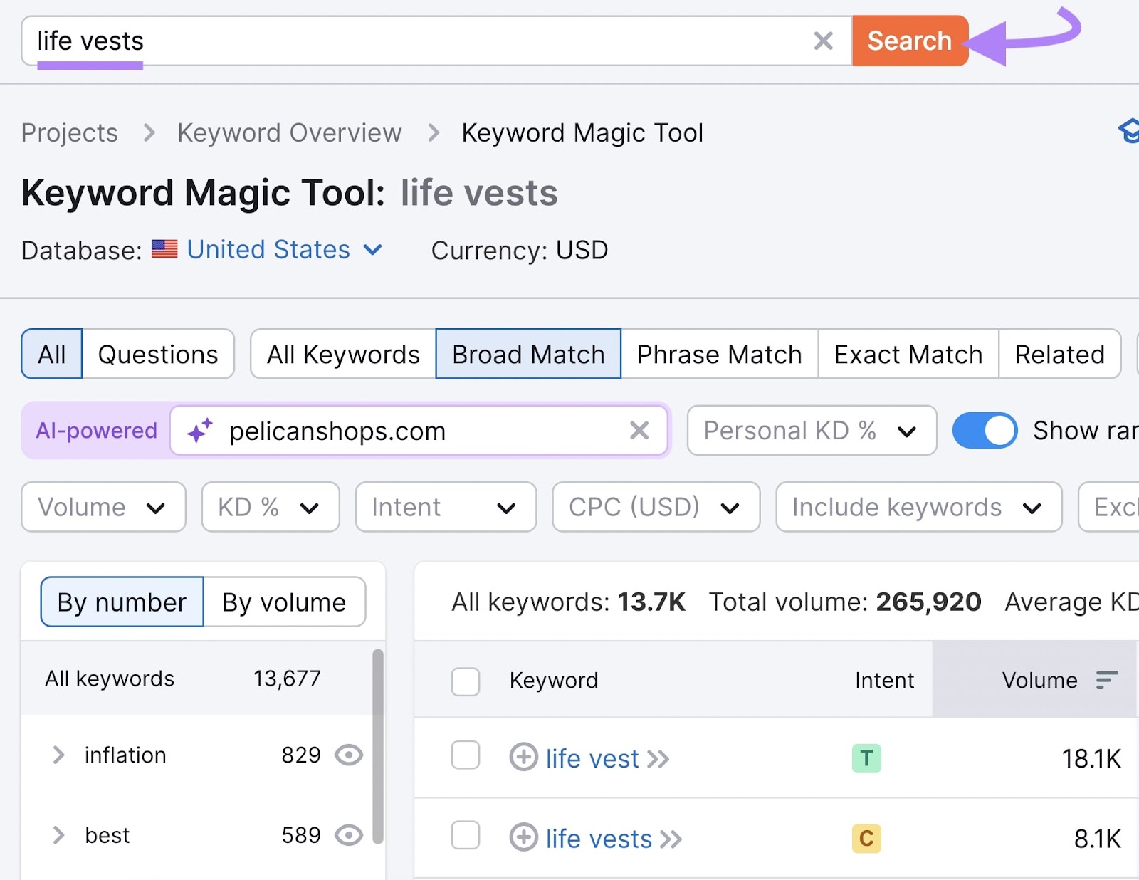 Semrush Keyword Magic Tool with 'life vests' entered into search bar