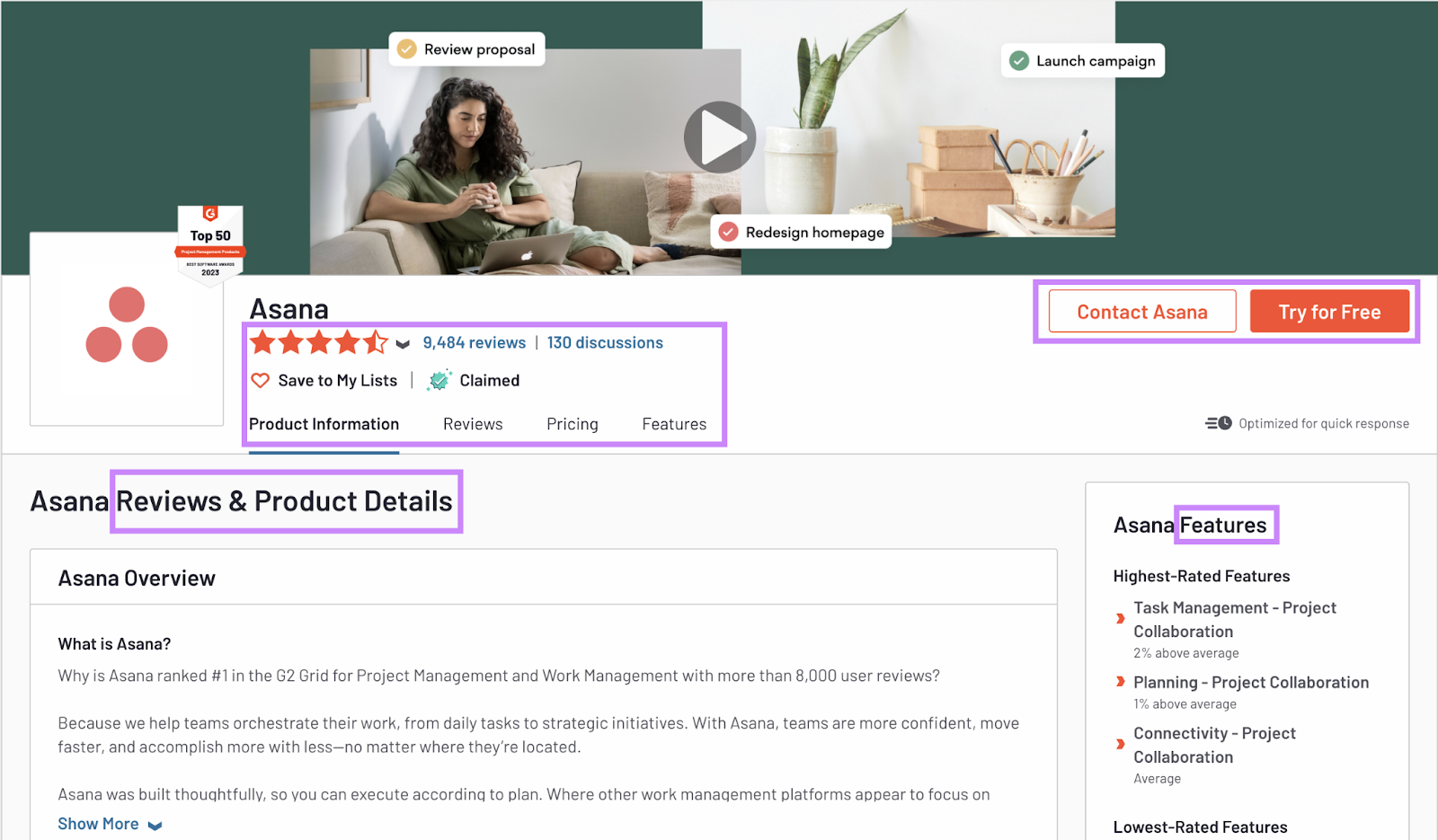 Asana's page on G2 website