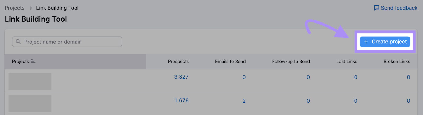 "+ Create project" button in Link Building Tool