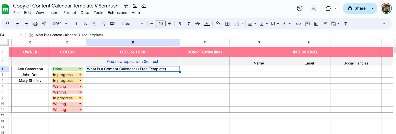 Copy of Semrush Content Calendar template in Google Sheets displaying a content calendar for podcasts