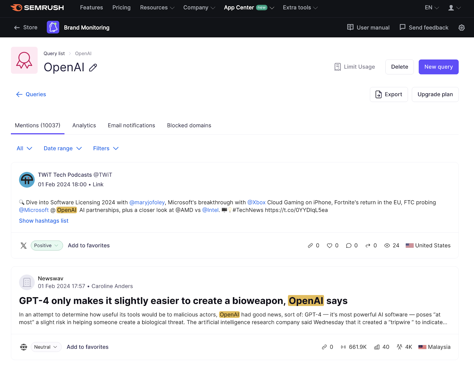 OpenAI's brand mentions in the Brand Monitoring app