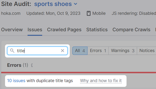 "10 issues with duplicate title tags" result highlighted in Site Audit