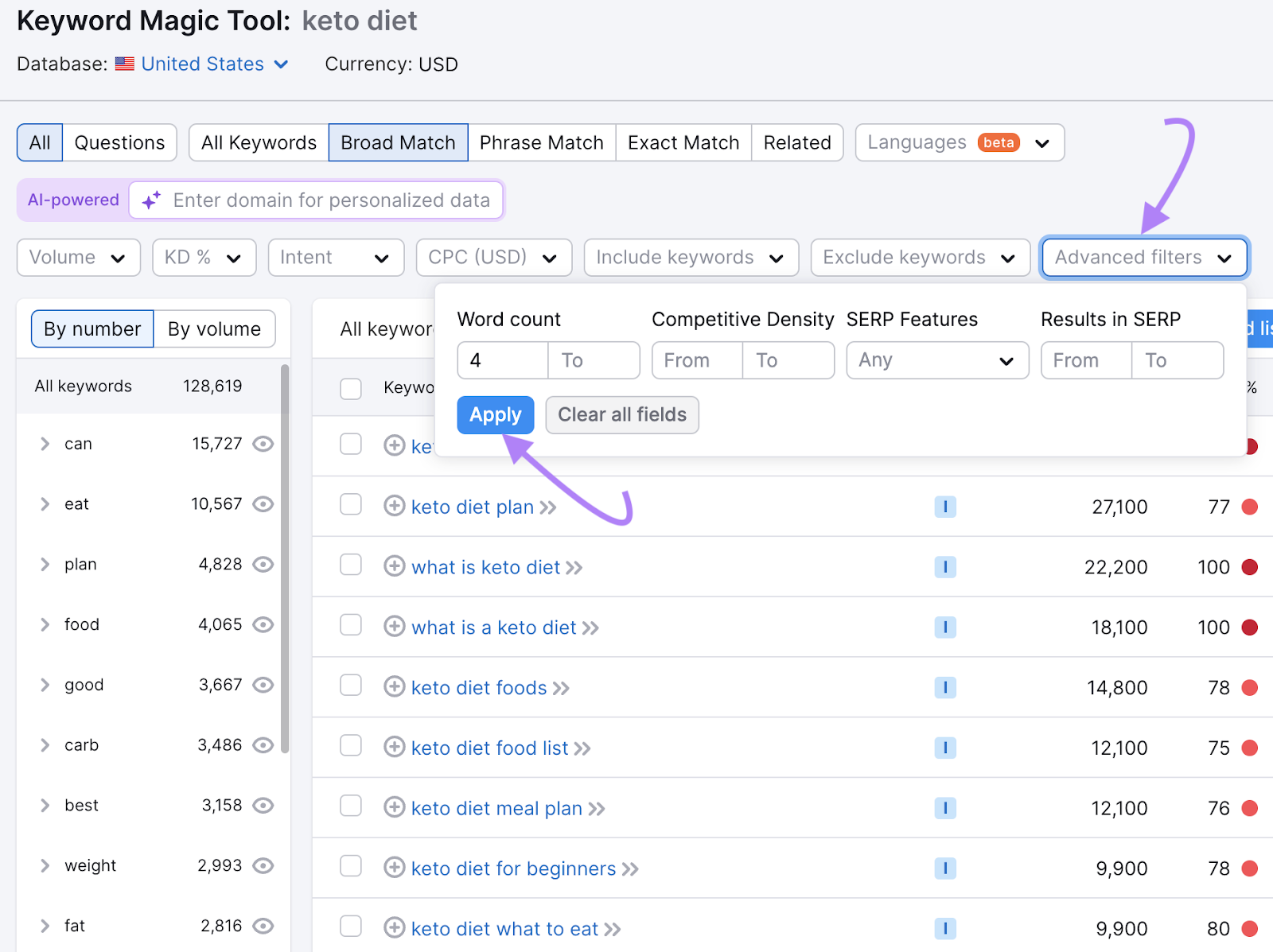 Advanced filters window in Keyword Magic Tool, with minimum four words set as the word count