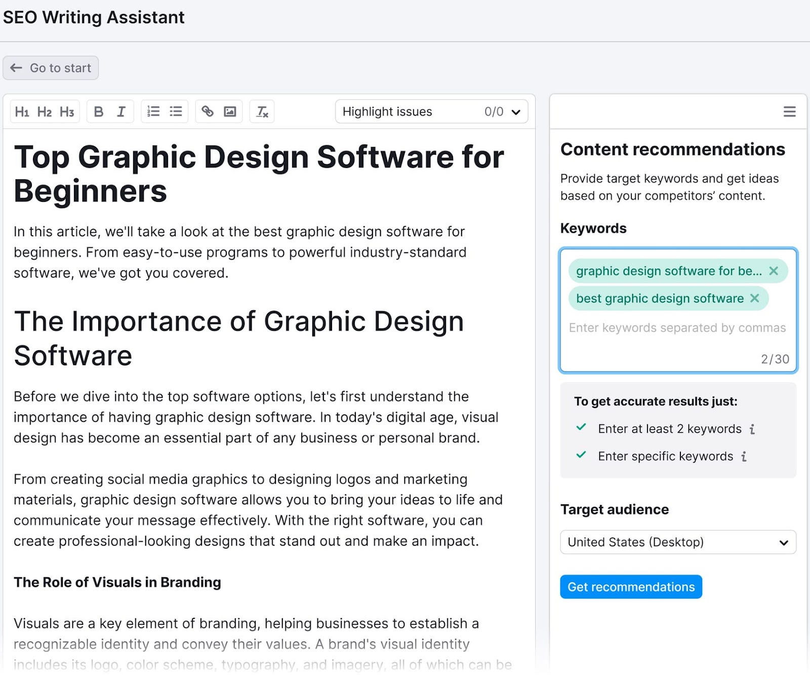 Semrush SEO Writing Assistant displaying a text article on graphic design software and a panel with content recommendations