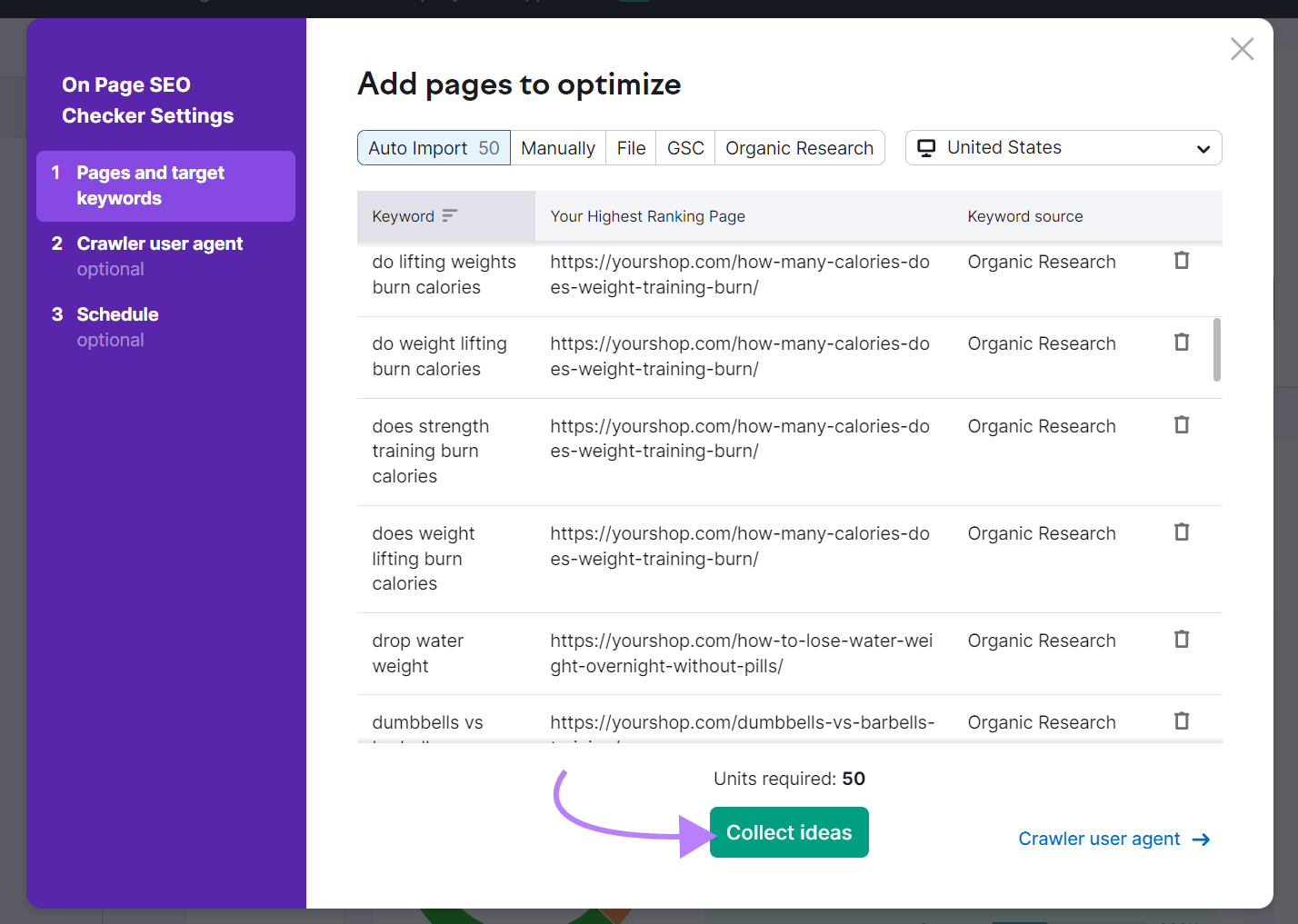 "Add pages to optimize" settings page within the On Page SEO Checker tool