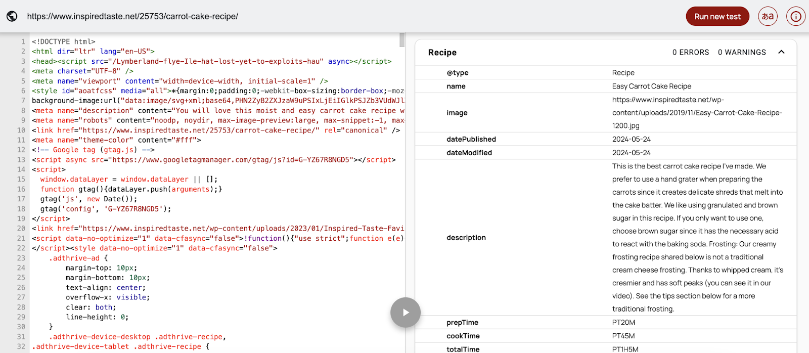 Schema markup for a recipe is drawn out in the page's code