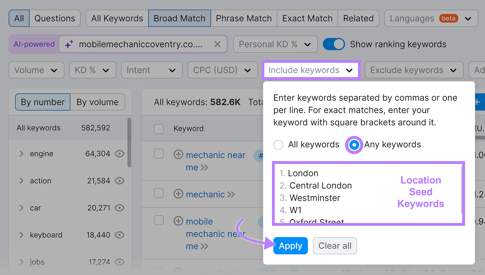 Include keywords filter, any keywords option highlighted, seed keywords entered, and arrow to Apply.