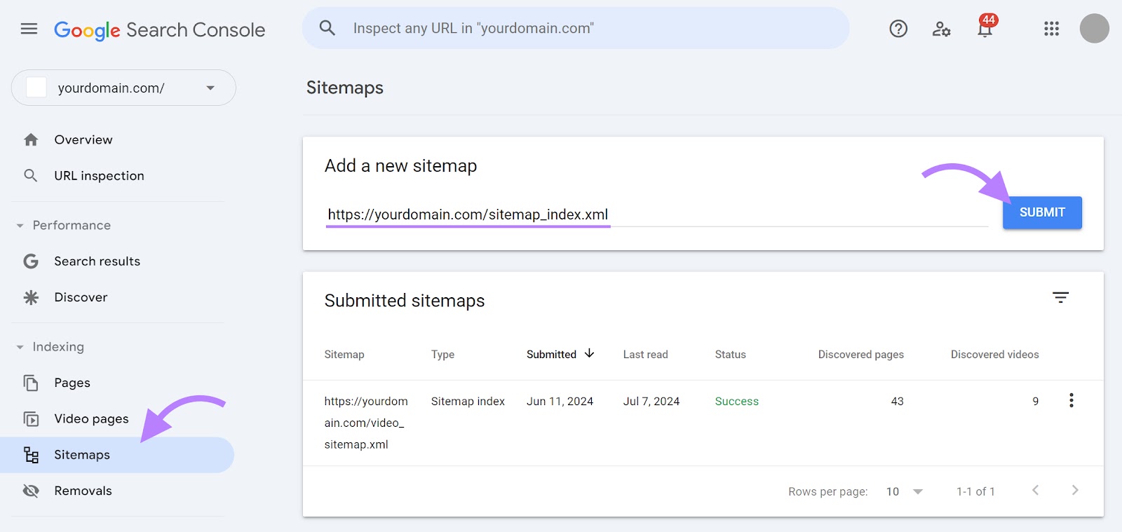 "Sitemaps" tab of the Google Search Console tool