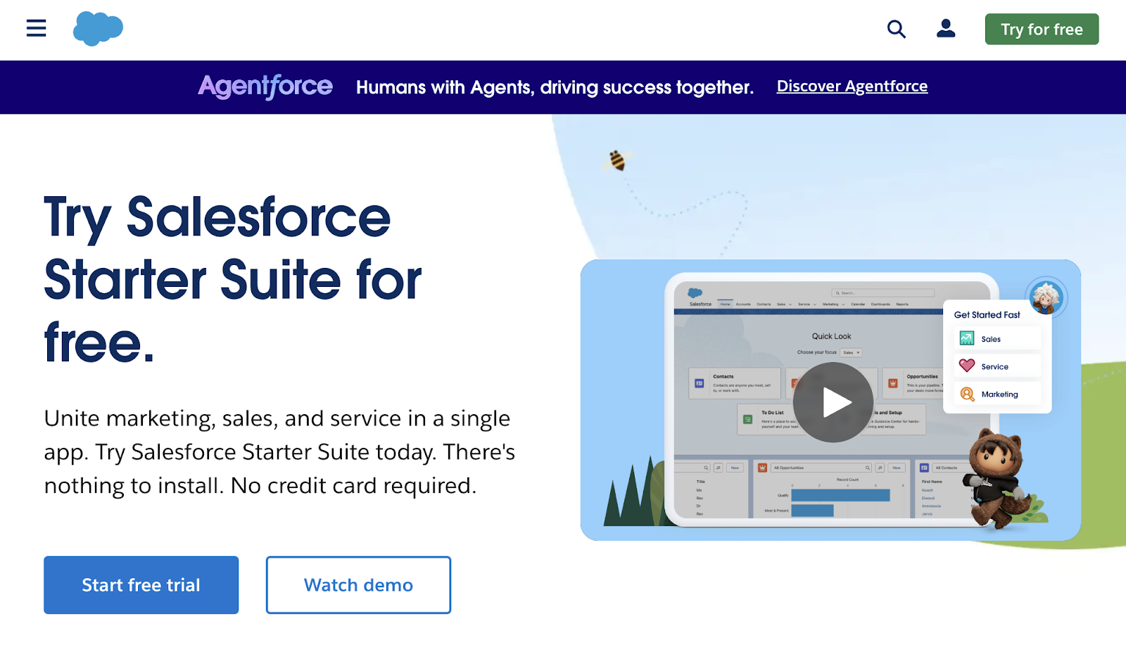 Salesforce B2B ecommerce page focuses on their starter suite of tools and showcases a video