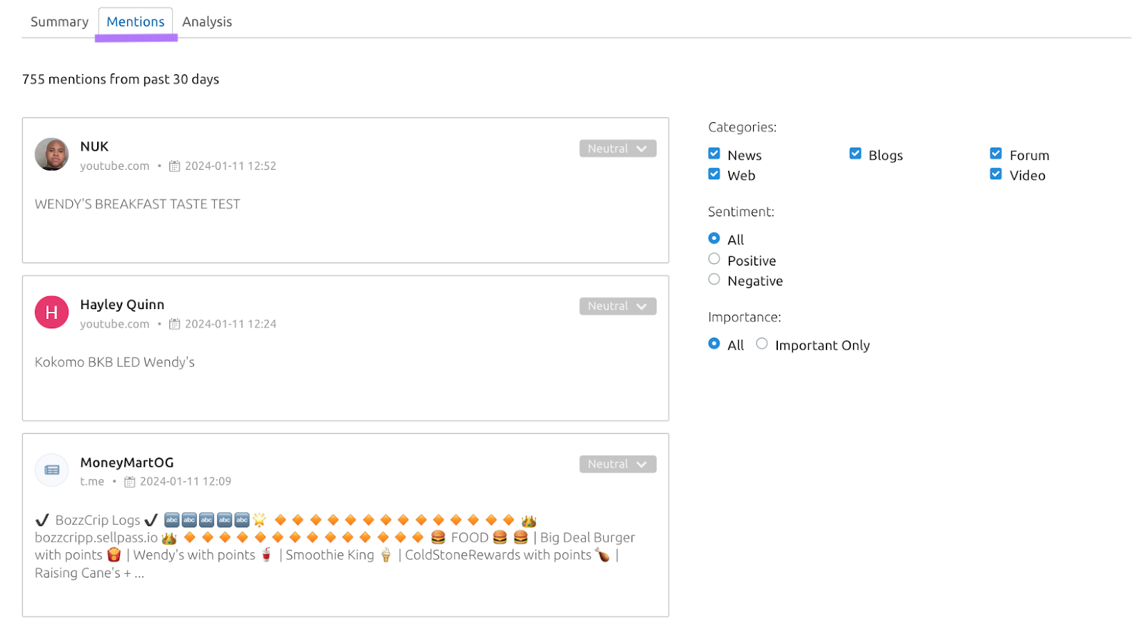 Mentions sorted by date on the 'Mentions' tab of the 'Media Monitoring' tool with filters for category, sentiment and importance.