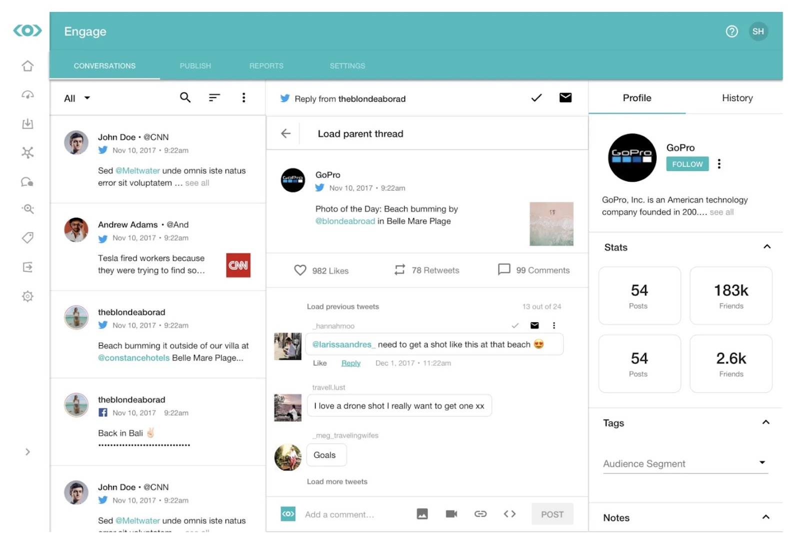 'Conversations' tab from social media monitoring tool Meltwater showing messages and mentions from different social channels.