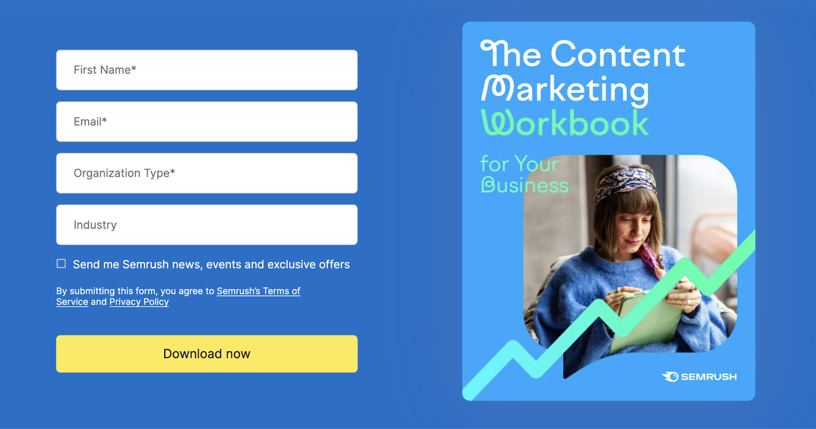 semrush's content marketing workbook landing page has a form and accompanying image