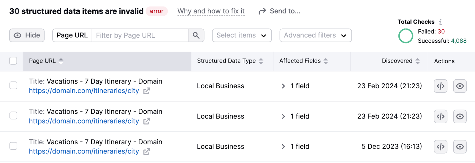 30 pages listed with issue of 'structured data items are invalid'