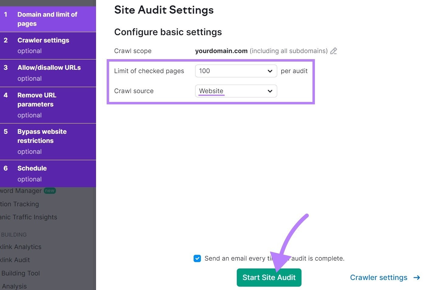 "Site Audit Settings" popup window