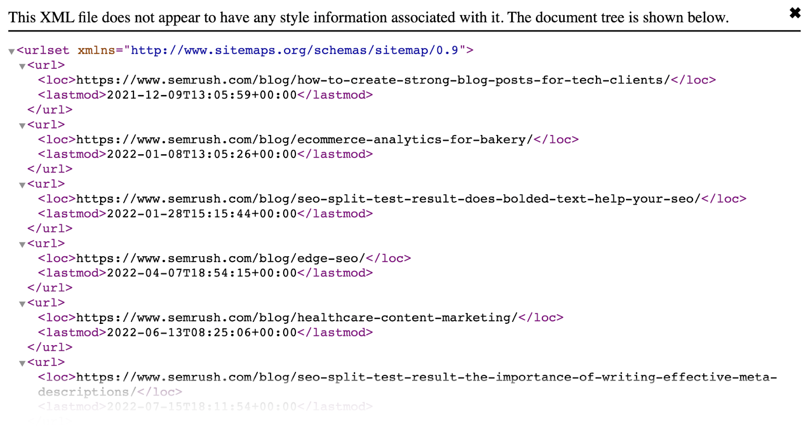 XML sitemap file of the Semrush Blog