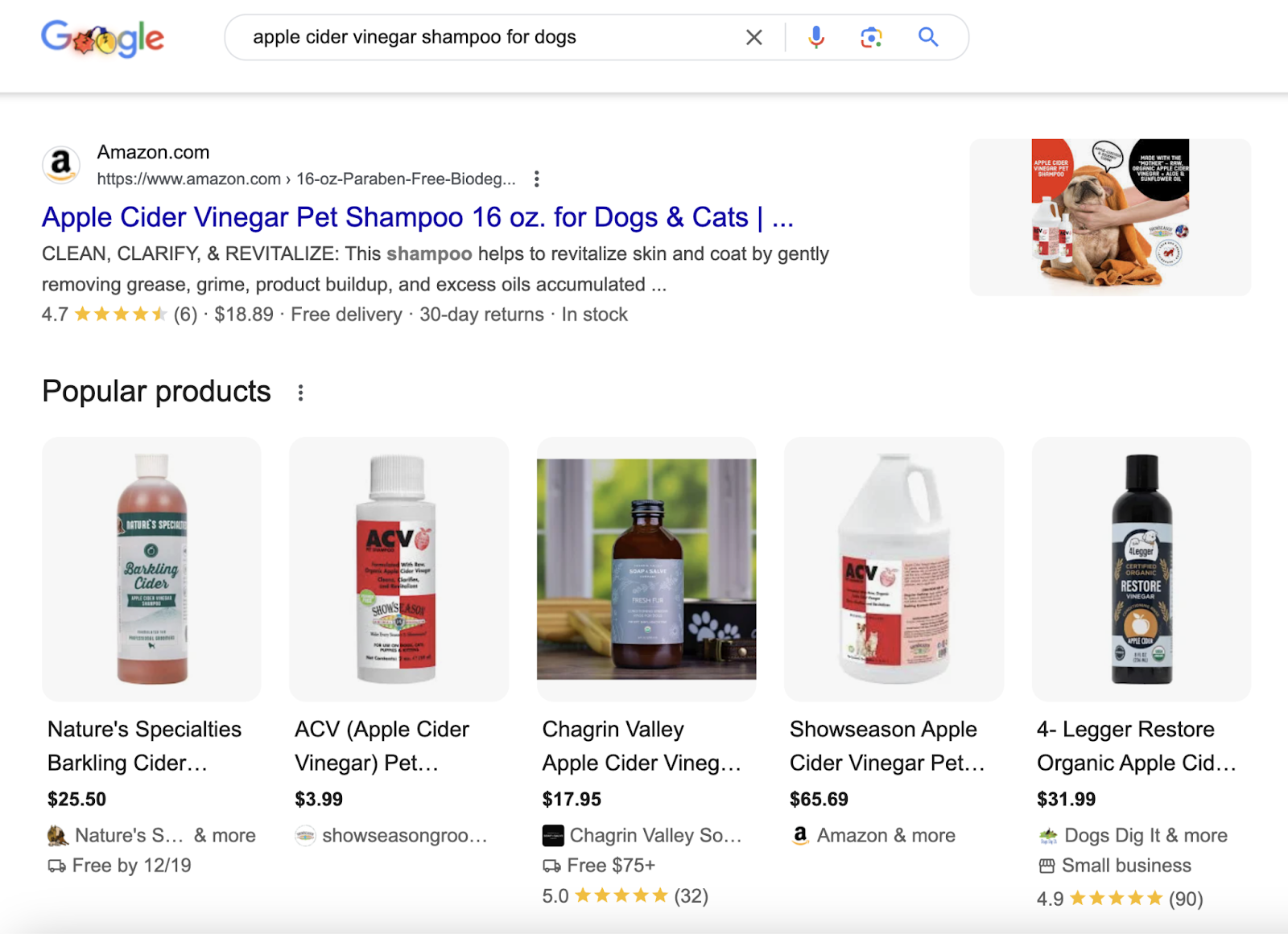 This SERP has organic listings for products and a popular products SERP feature.