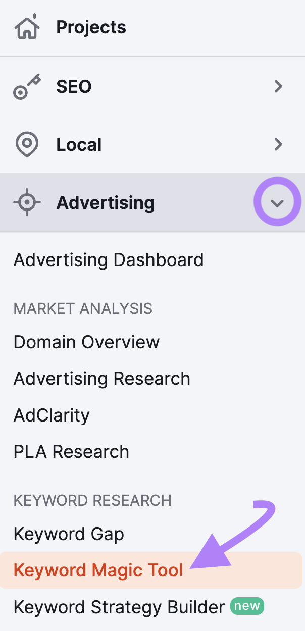 Keyword Magic Tool highlighted in the Semrush left hand navigation menu