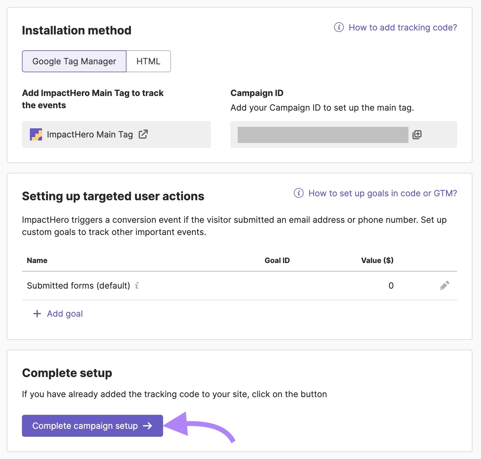 "Installation method" page on ImpactHero with "Complete campaign setup" clicked