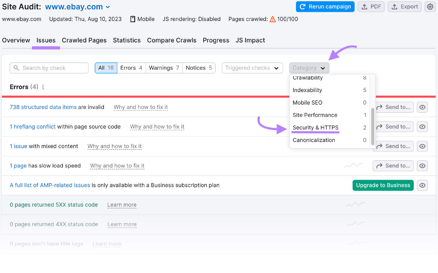 filter to select “Security & HTTPS” in the Site Audit tool