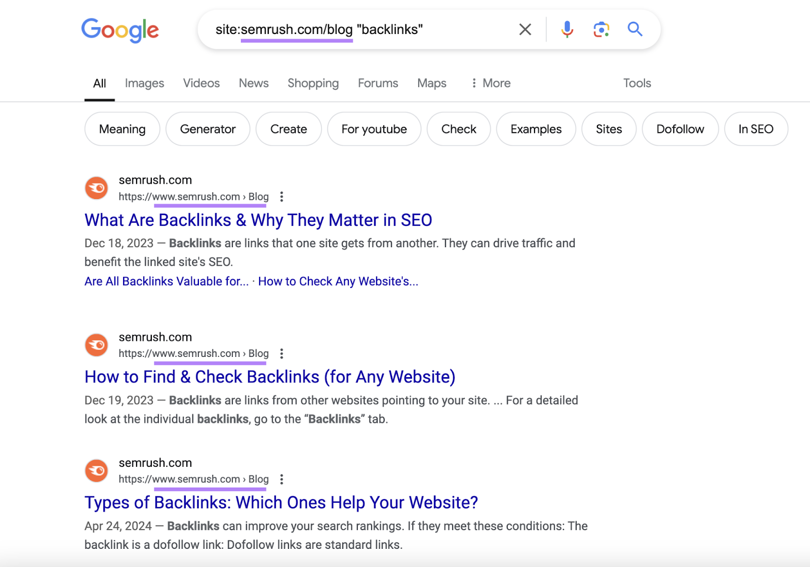 search shows blogs on what backlinks are and why they matter, how to find and check backlinks for any website, and types of backlinks