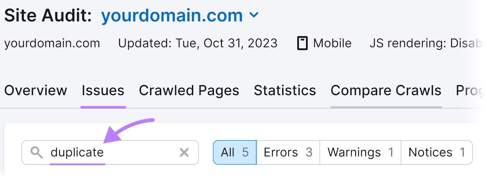 Searching for issues containing "duplicate" word in Site Audit tool