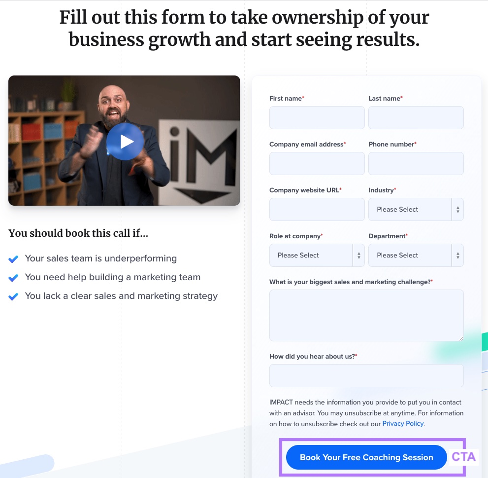 “Book Your Free Coaching Session" CTA on Impact's site