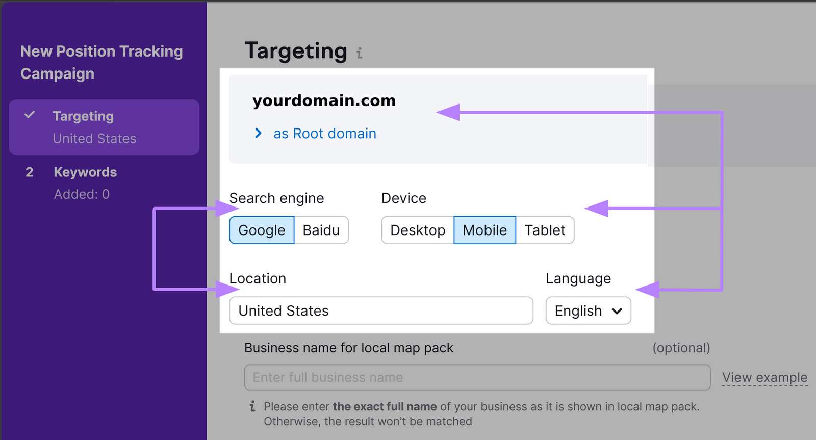 Selecting search engine, device, and location in Position Tracking tool settings