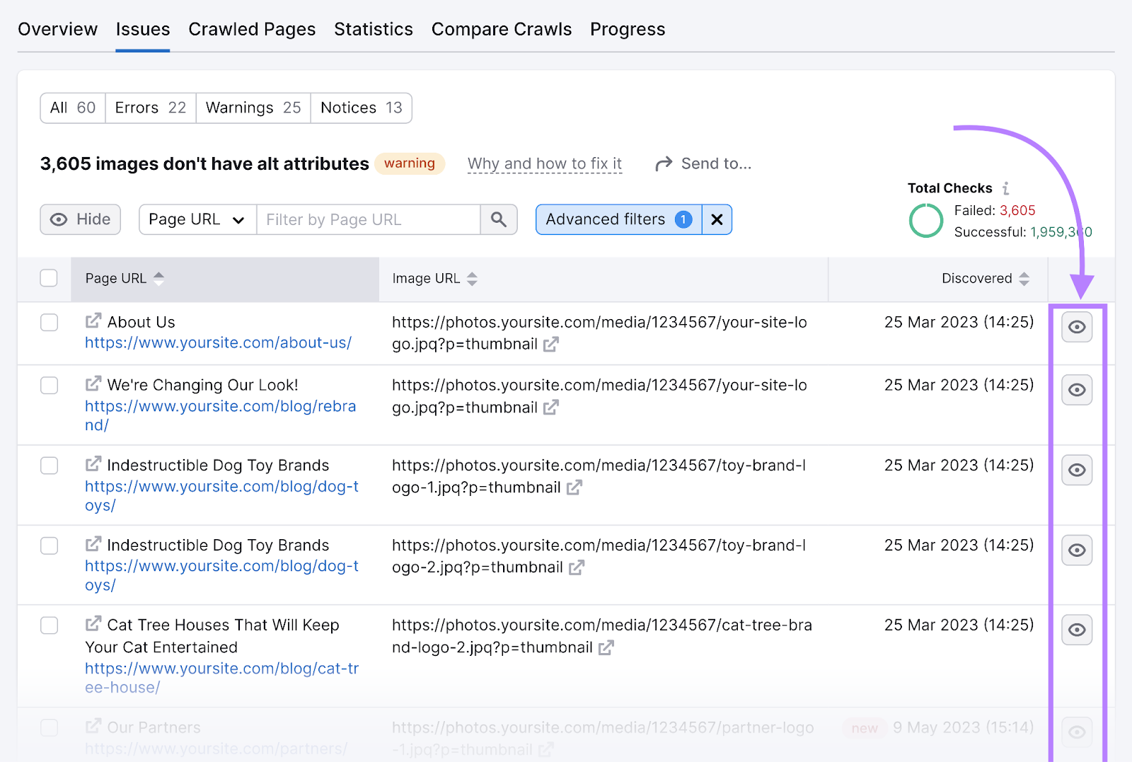 The Issues report in Semrush's Site Audit tool. A column on the right-hand side, featuring buttons with eye symbols, is highlighted.