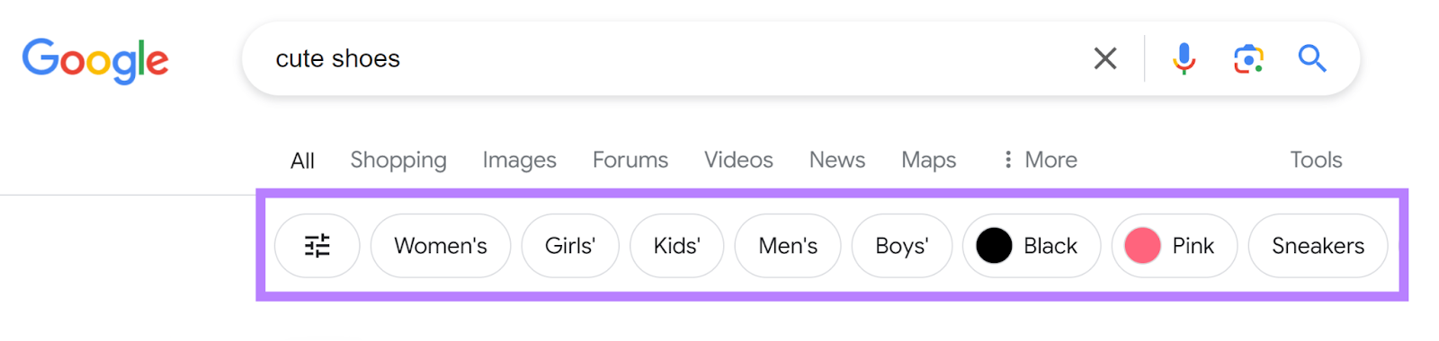 Search related topic tabs under search bar on Google highlighted