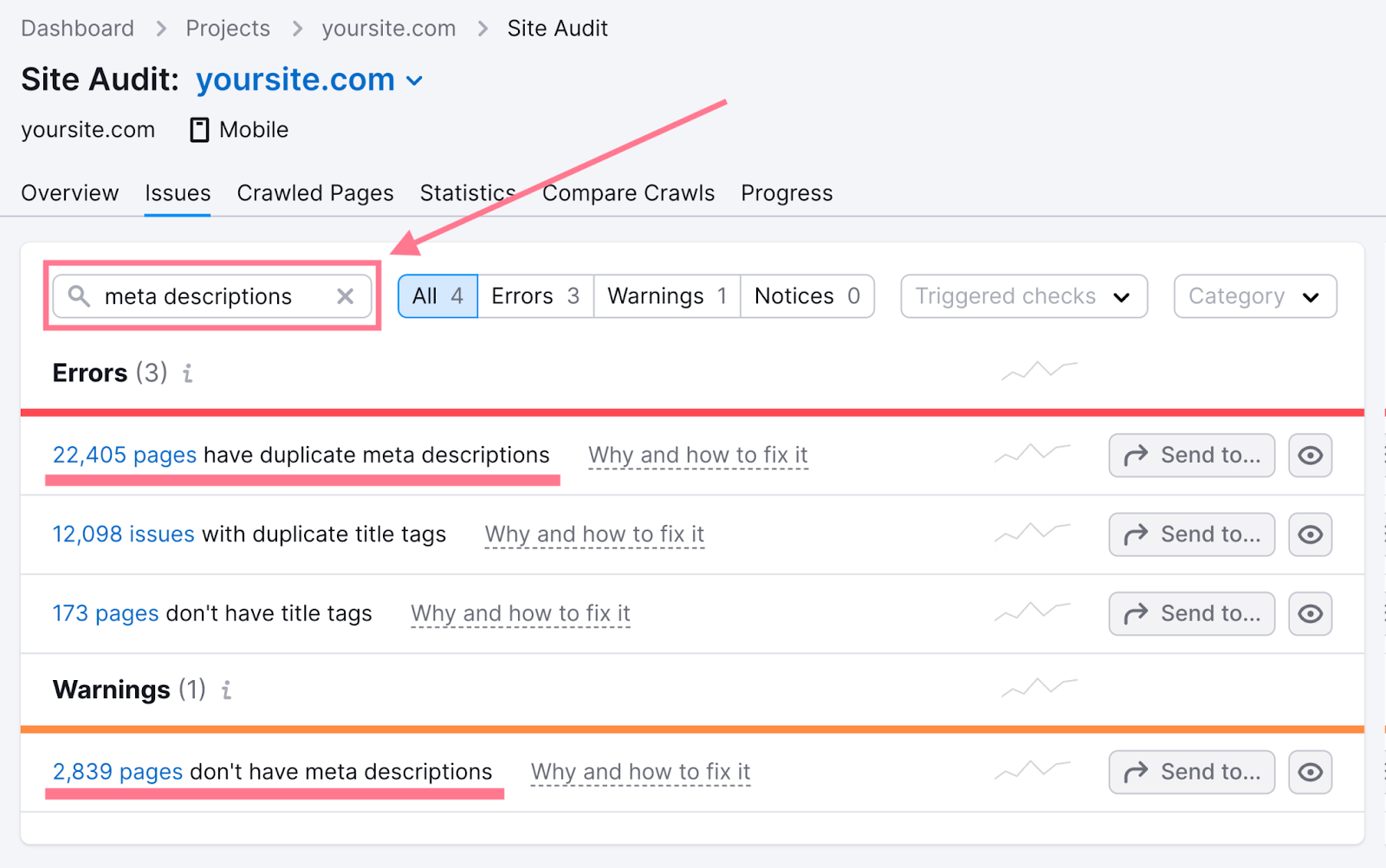 Meta description errors highlighted in the "Issues" tab of the Site Audit tool