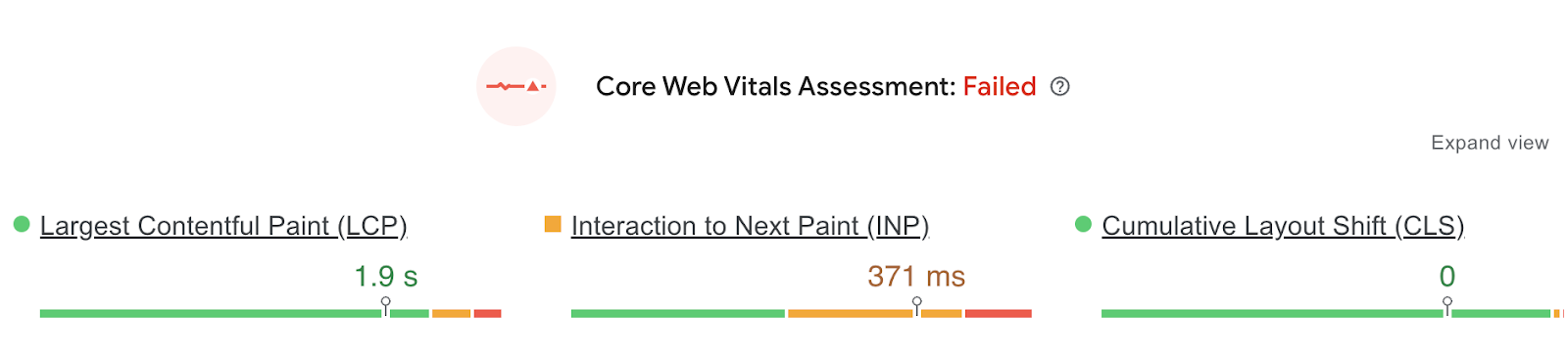 Google PageSpeed Insights tool showing the Core Web Vitals section