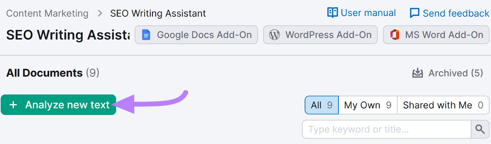 "+ Analyze new text" button selected under SEO Writing Assistant