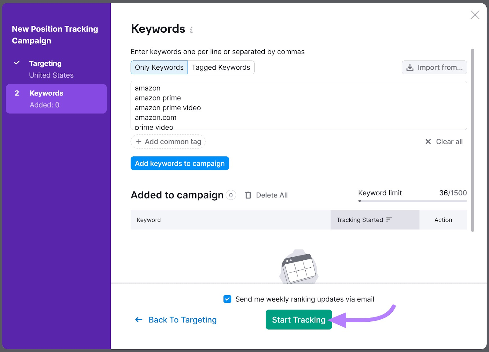 "Keywords" window in the Position Tracking tool settings