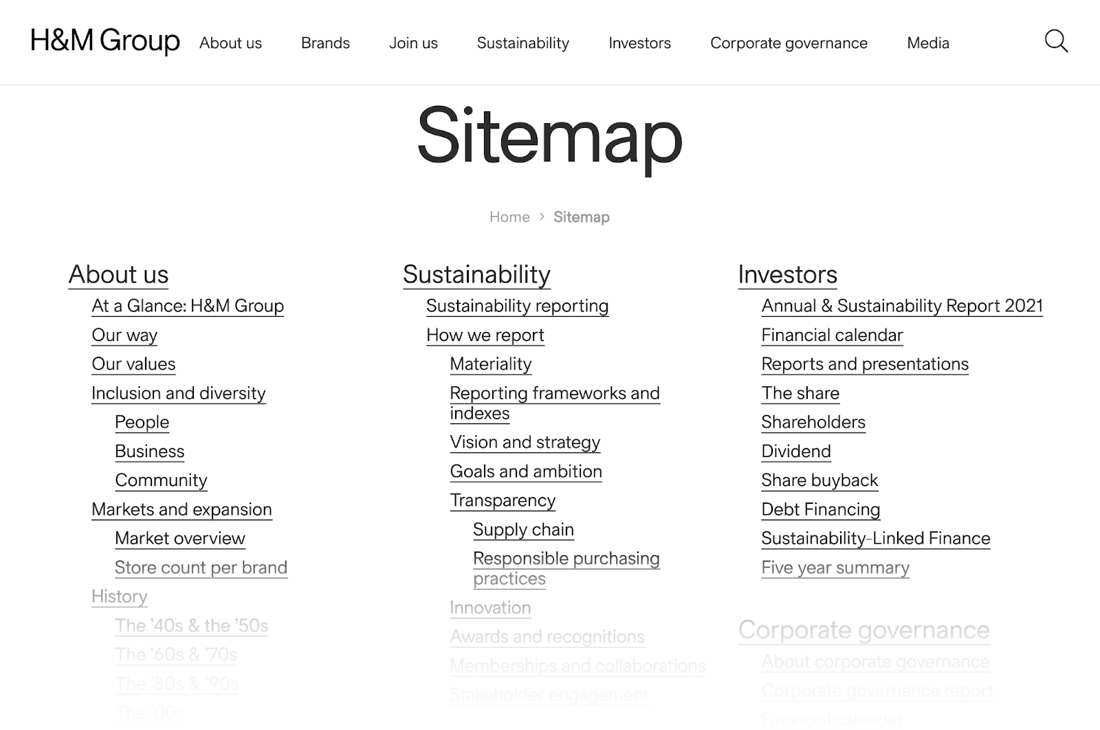 HTML sitemap example by H&M Group