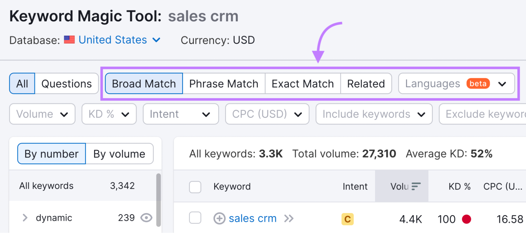 Match Modifiers menu highlighted in Keyword Magic Tool