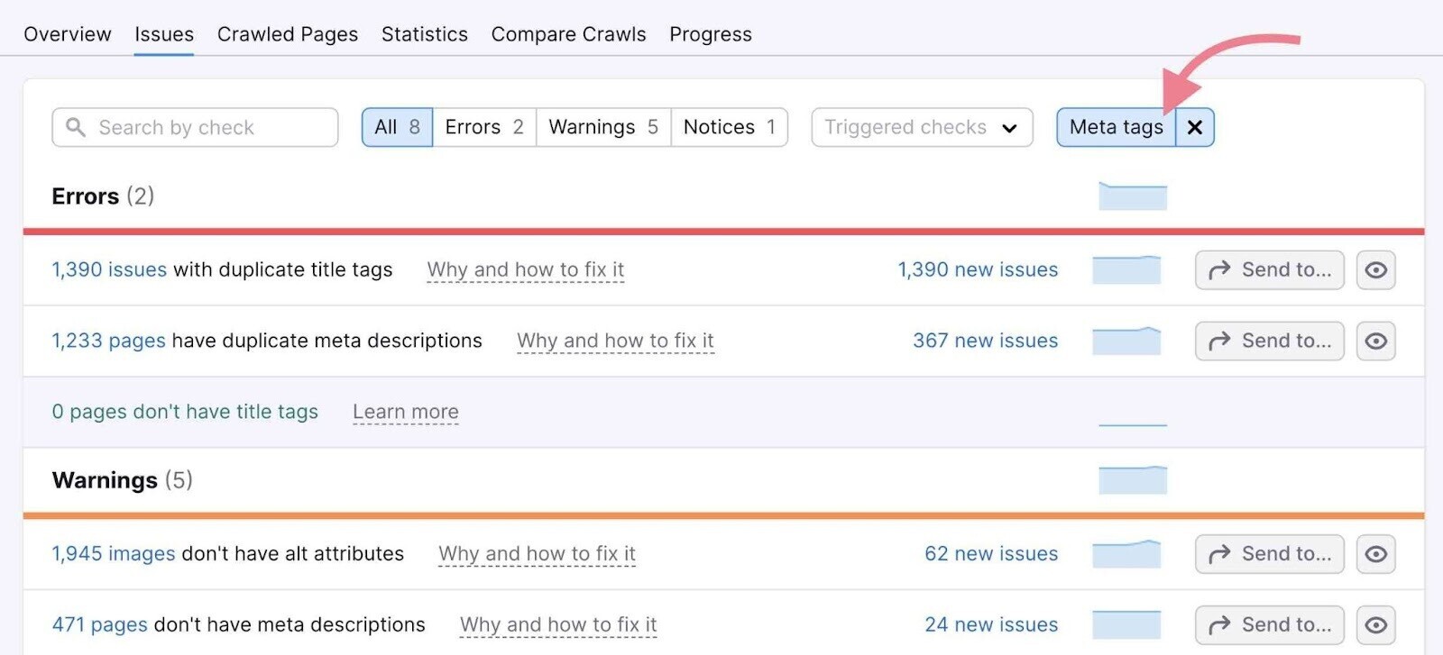 "Meta tags" selected as the category on Site Audit Issues showing a list of related issues