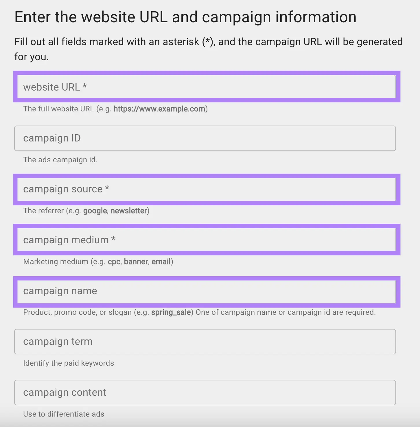 page to enter website URL and campaign information like source, medium, name, term etc. on Google's Campaign URL Builder