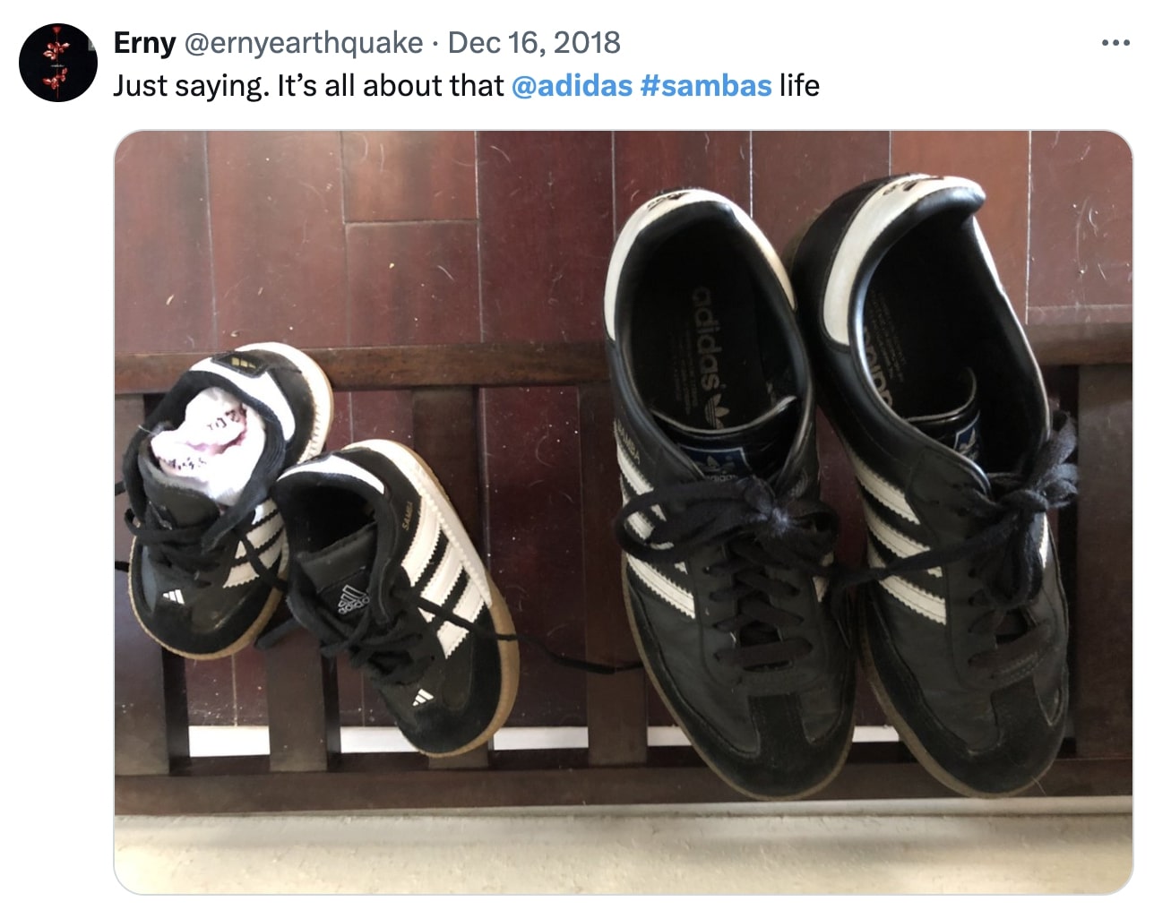 Tweet showing two pairs of Adidas Sambas, one child's, on adult's, with sambas hashtag