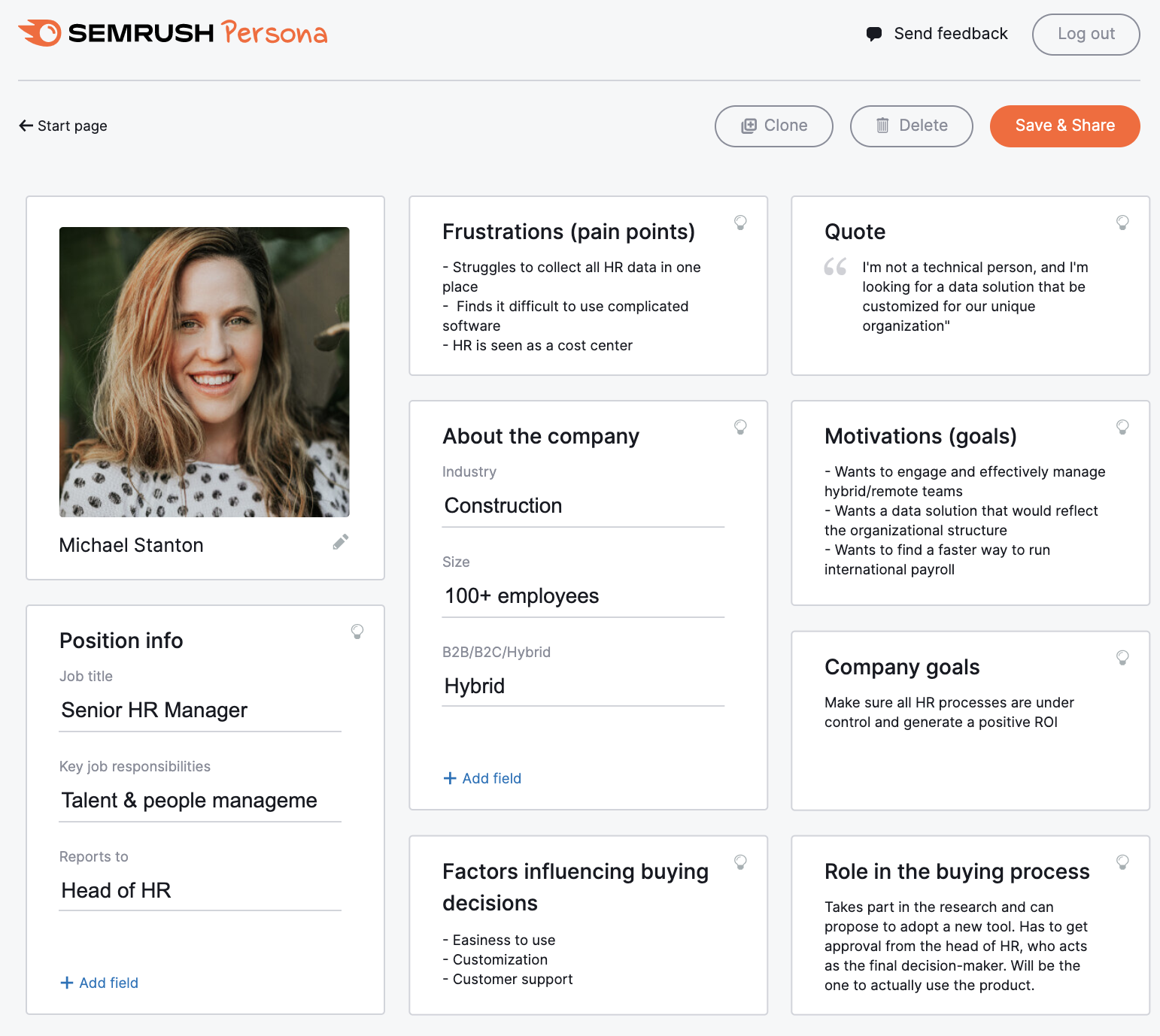 A buyer persona created in Semrush Persona tool