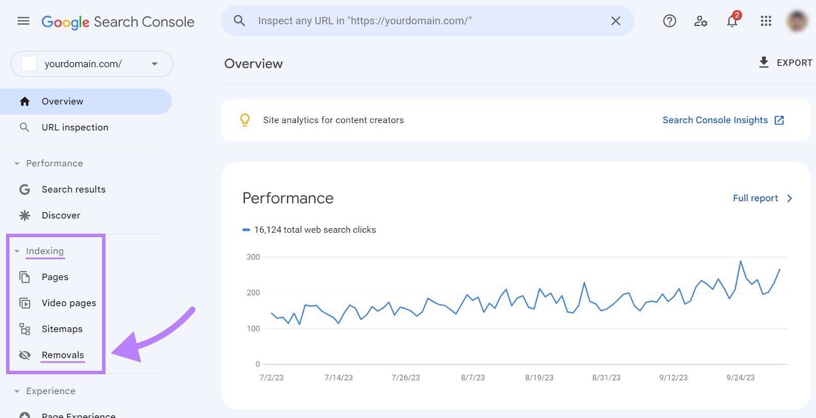 "Removals" selected under “Indexing” section in Google Search Console menu