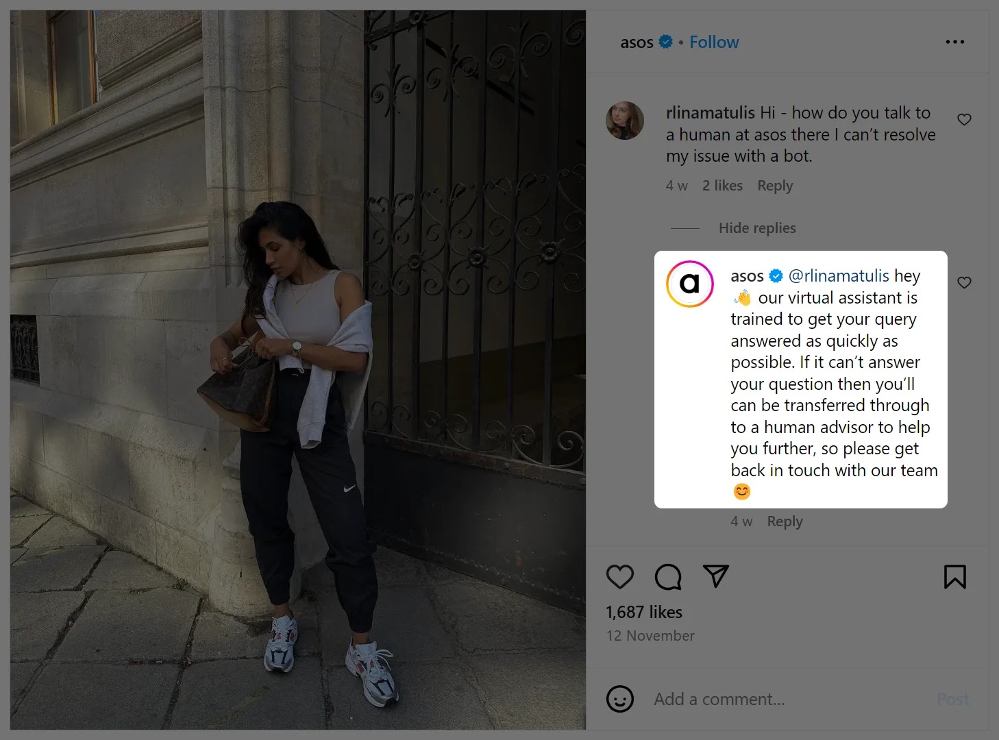 Asos's Instagram reply to an user