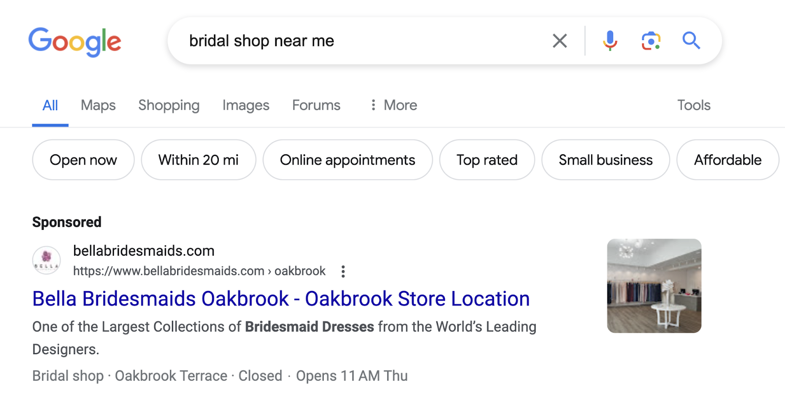 search for bridal shop near me shows a sponsored search ad for a local bridal shop