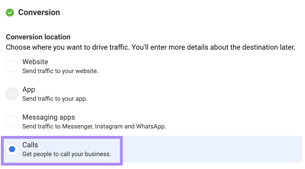 "Calls" option selected under "Conversion" section