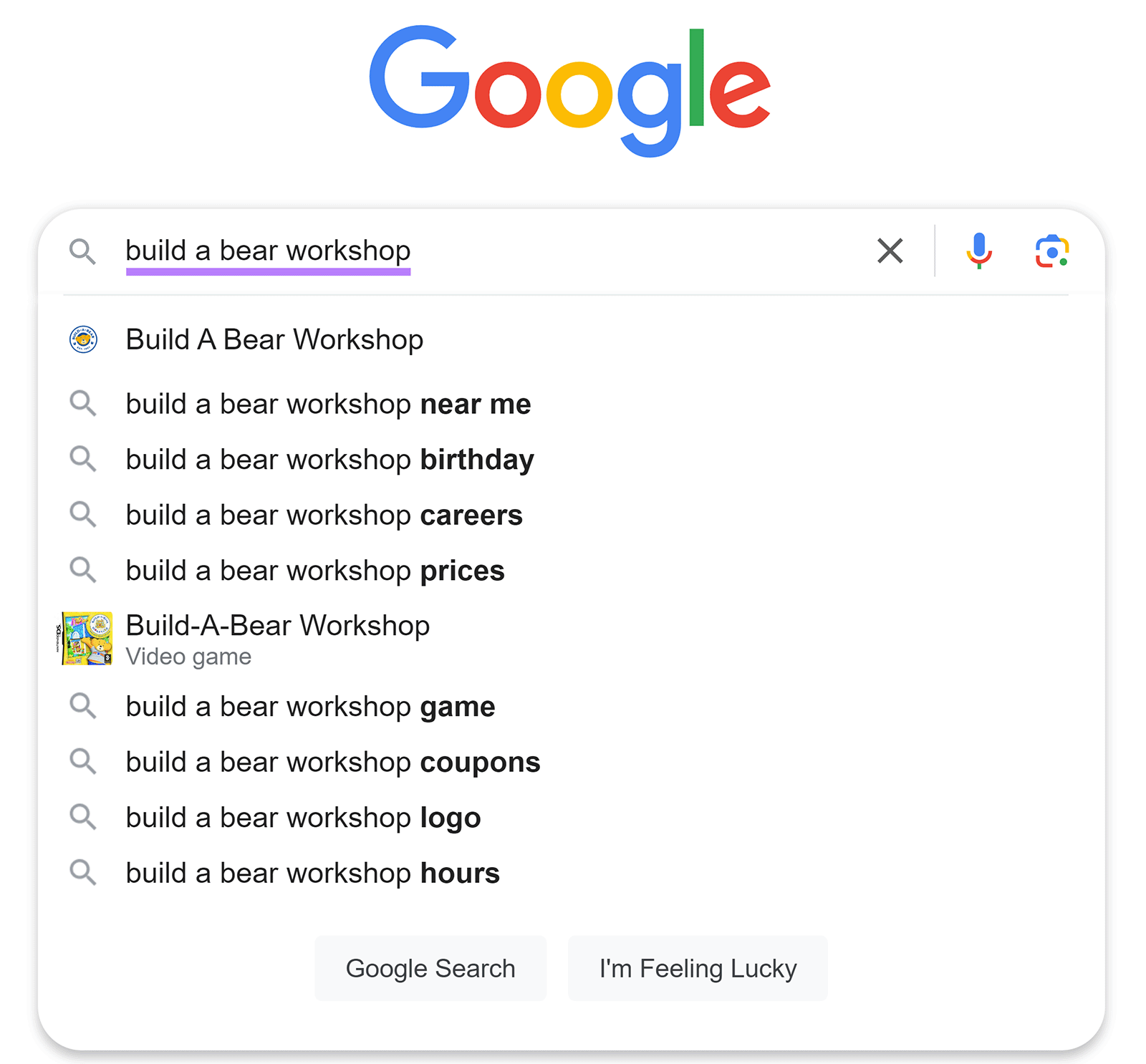 Google search homepage with 'build a bear workshop' entered in search bar showing Google's suggestions