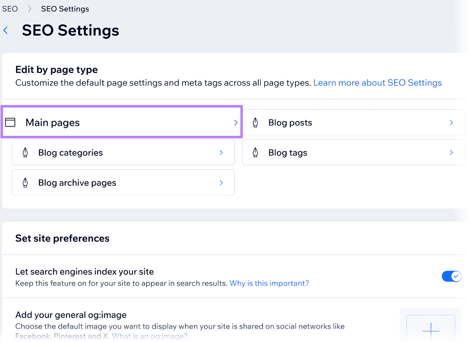 SEO settings panel with the "Main pages" option highlighted by a purple border