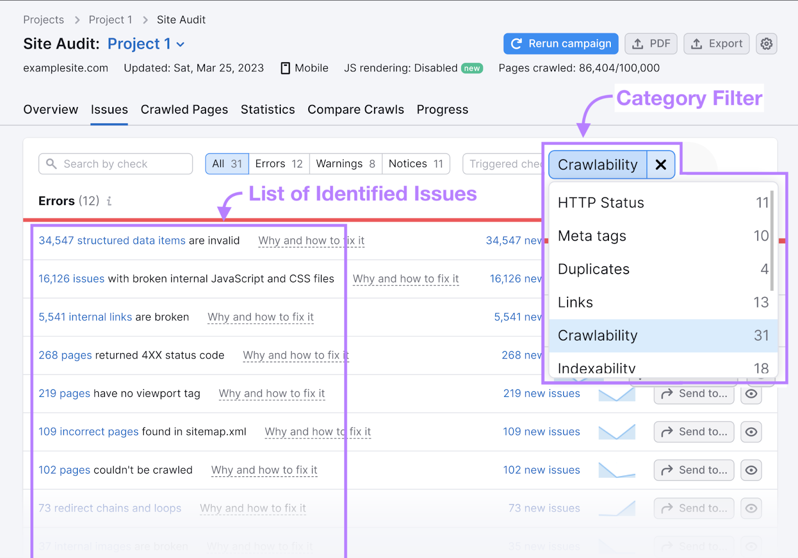 crawlability issues in Site Audit tool are highlighted