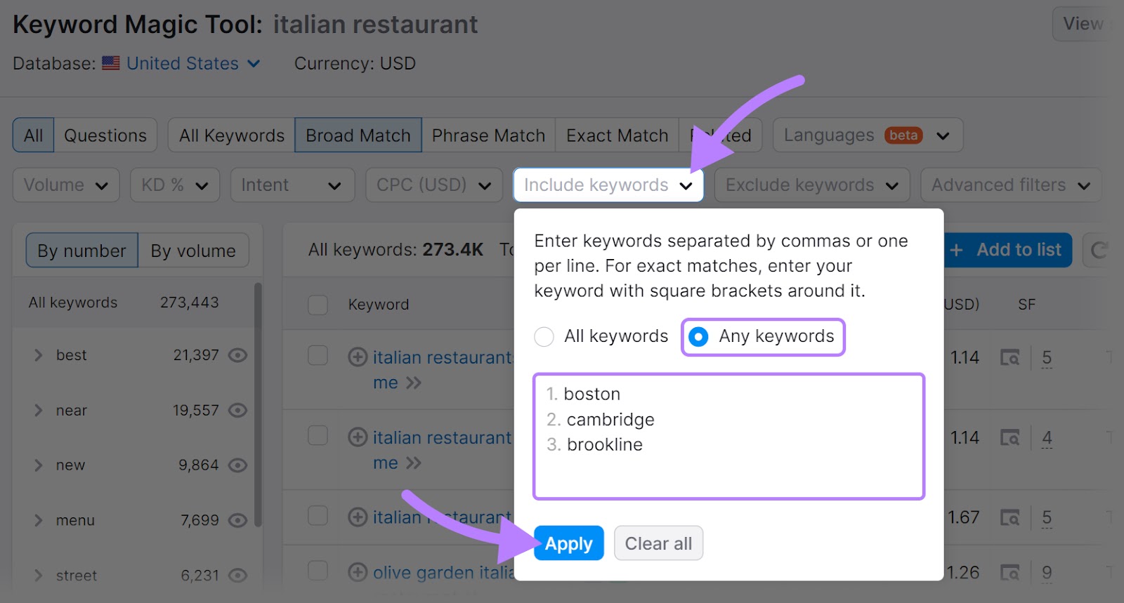 "boston," "cambridge," and "brookline" entered under the "Include keywords" filter in Keyword Magic Tool