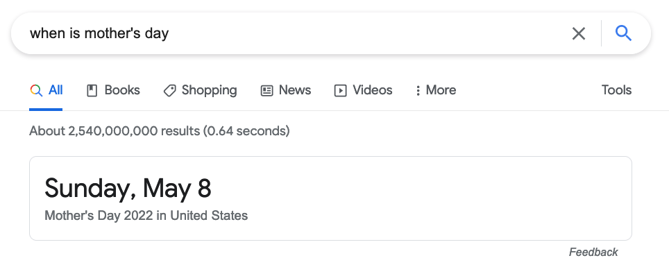 Direct Answers box for when is Mother's Day