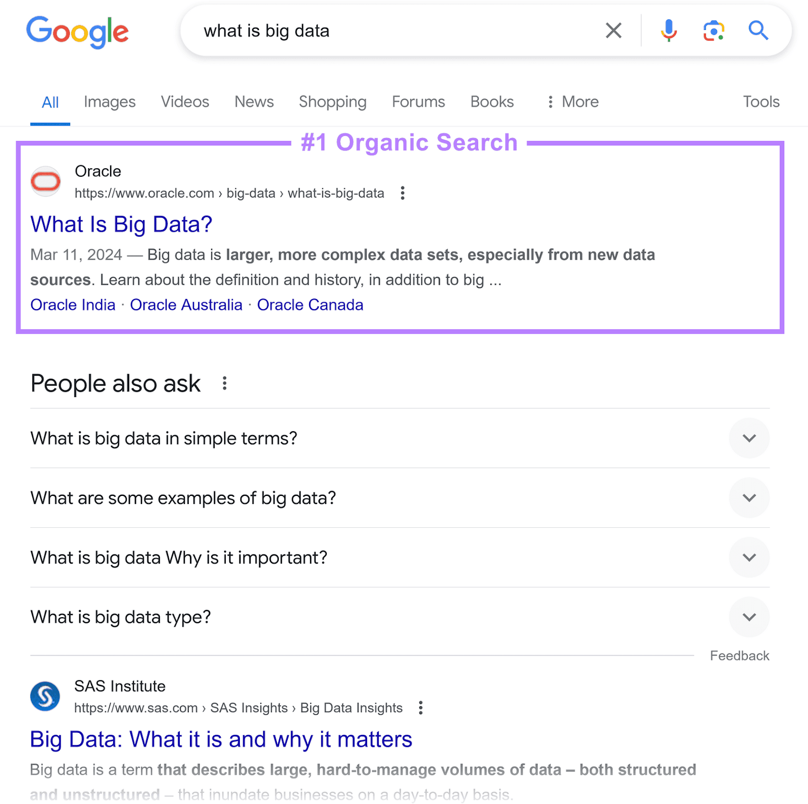 Google SERP for "what is big data", showing the first result, labeled "#1 Organic Search," from Oracle's website