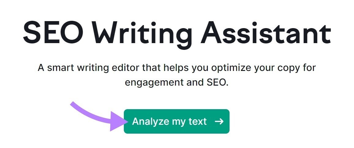 SEO Writing Assistant tool with “Analyze my text” button highlighted